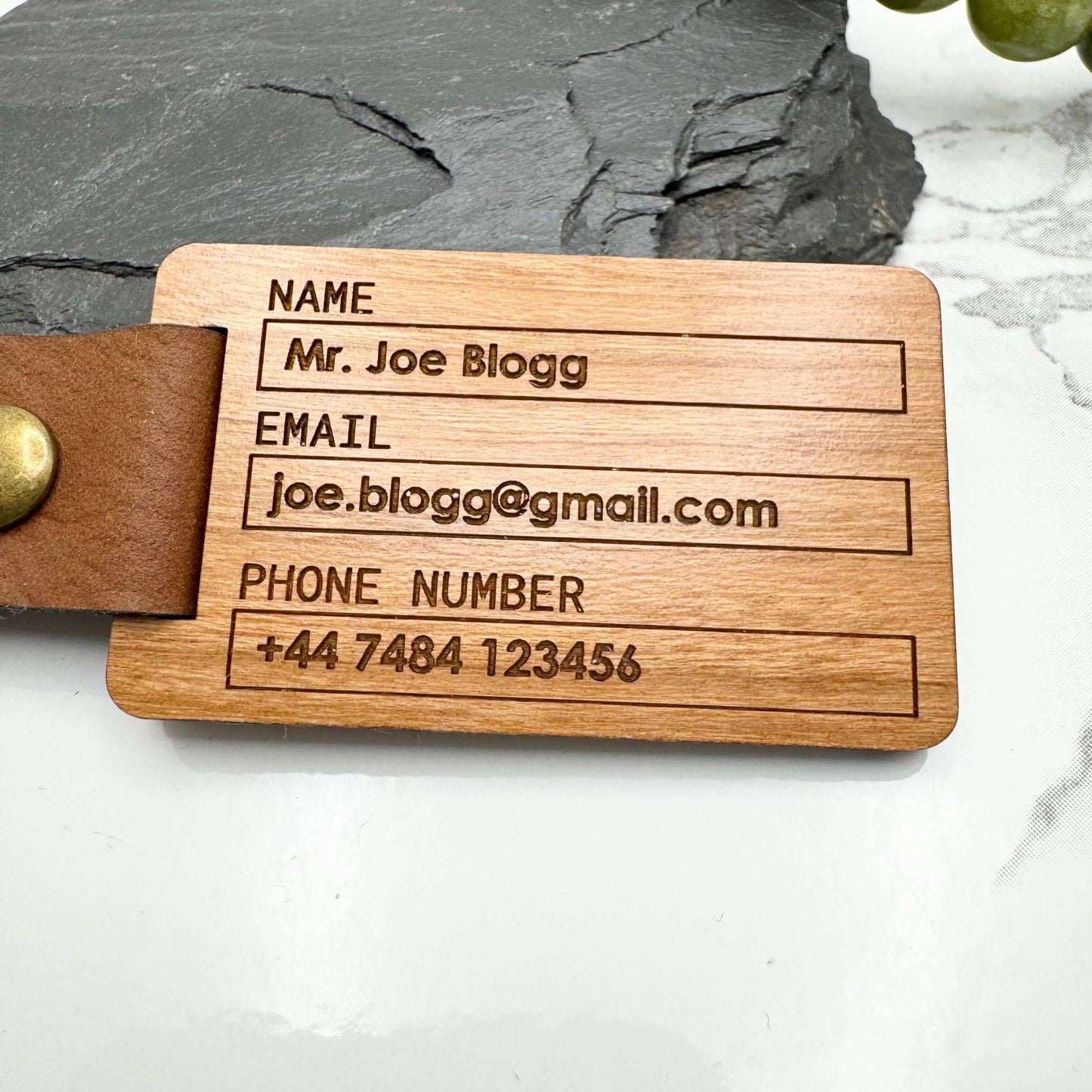 Personalised Wooden Travel Keyring with Contact Info | Custom Luggage Tag