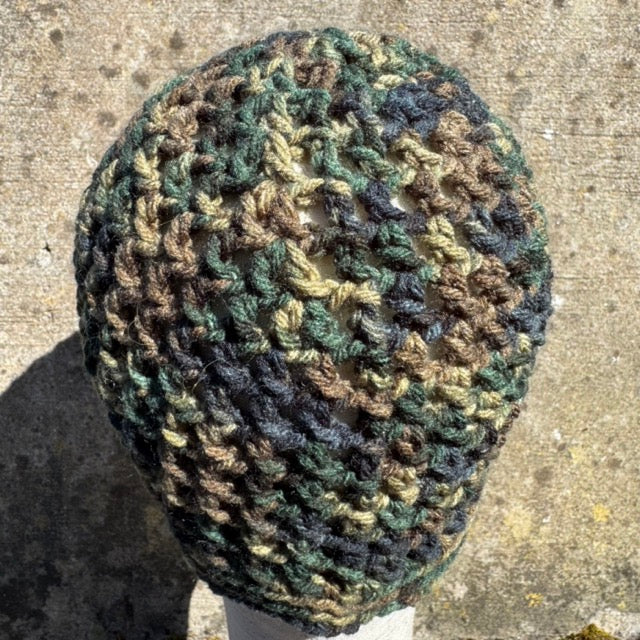 Hand Crocheted Flower Beanie Hat in Earth Tones – Acrylic Yarn – The Beanie Club – 55cm Head Size – Lightweight Slouchy Style