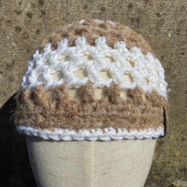 Hand Crocheted Mesh Beanie Hat – White & Light Brown Wool Blend – Lace Style – The Beanie Club – 55cm