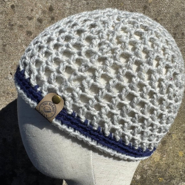 Hand Crocheted Mesh Lace Beanie Hat – White & Navy Wool Blend – Lightweight Slouchy Hat | The Beanie Club