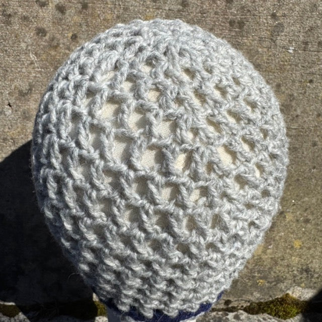 Hand Crocheted Mesh Lace Beanie Hat – White & Navy Wool Blend – Lightweight Slouchy Hat | The Beanie Club