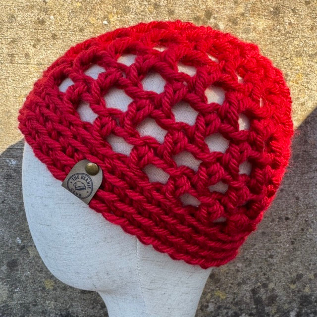 Hand Crocheted Red Mesh Beanie Hat – Merino Wool Blend Lace Style | The Beanie Club