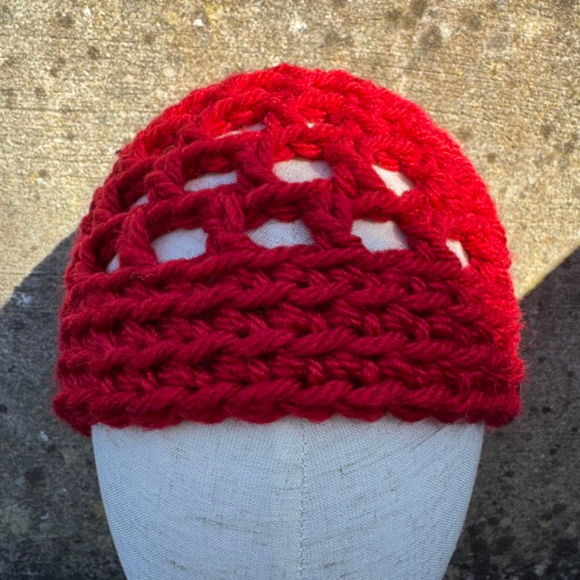 Hand Crocheted Red Mesh Beanie Hat – Merino Wool Blend Lace Style | The Beanie Club