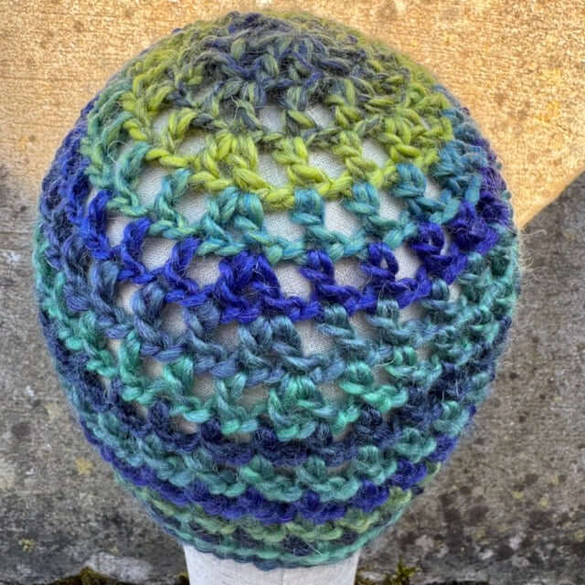 Hand Crocheted Wool Blend Mesh Beanie Hat – Green, Blue & Purple Ombre | The Beanie Club
