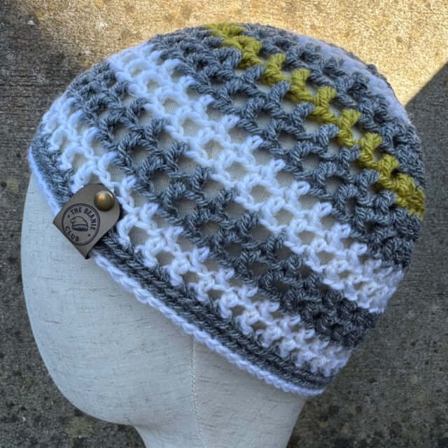 Hand Crocheted Mesh Lace Beanie Hat – Lightweight Acrylic | Grey, White & Mustard | The Beanie Club | 55cm Fit