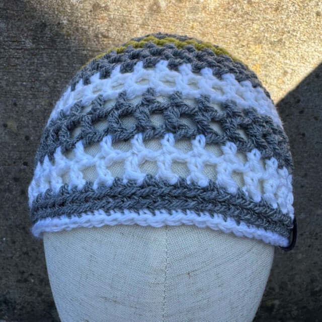 Hand Crocheted Mesh Lace Beanie Hat – Lightweight Acrylic | Grey, White & Mustard | The Beanie Club | 55cm Fit