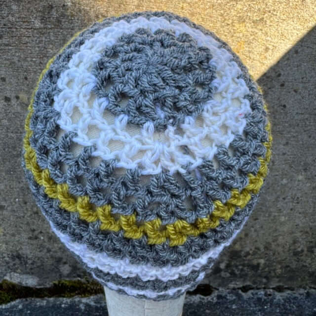 Hand Crocheted Mesh Lace Beanie Hat – Lightweight Acrylic | Grey, White & Mustard | The Beanie Club | 55cm Fit