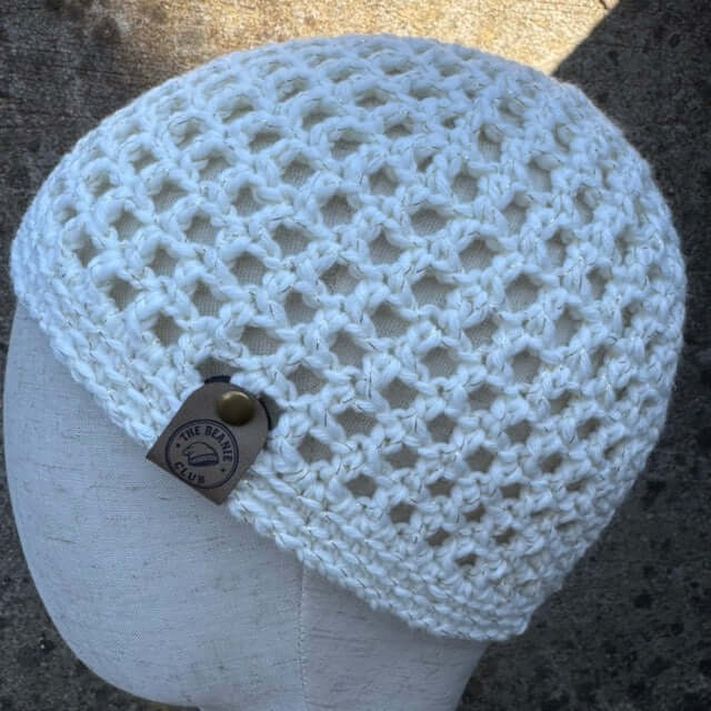 White Mesh Lace Beanie Hat – Hand Crocheted Wool with Gold Thread | Lightweight Slouchy Beanie by The Beanie Club