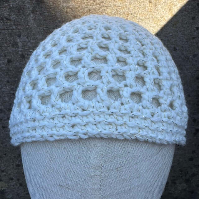 White Mesh Lace Beanie Hat – Hand Crocheted Wool with Gold Thread | Lightweight Slouchy Beanie by The Beanie Club