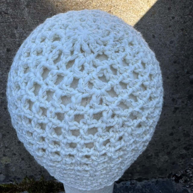 White Mesh Lace Beanie Hat – Hand Crocheted Wool with Gold Thread | Lightweight Slouchy Beanie by The Beanie Club