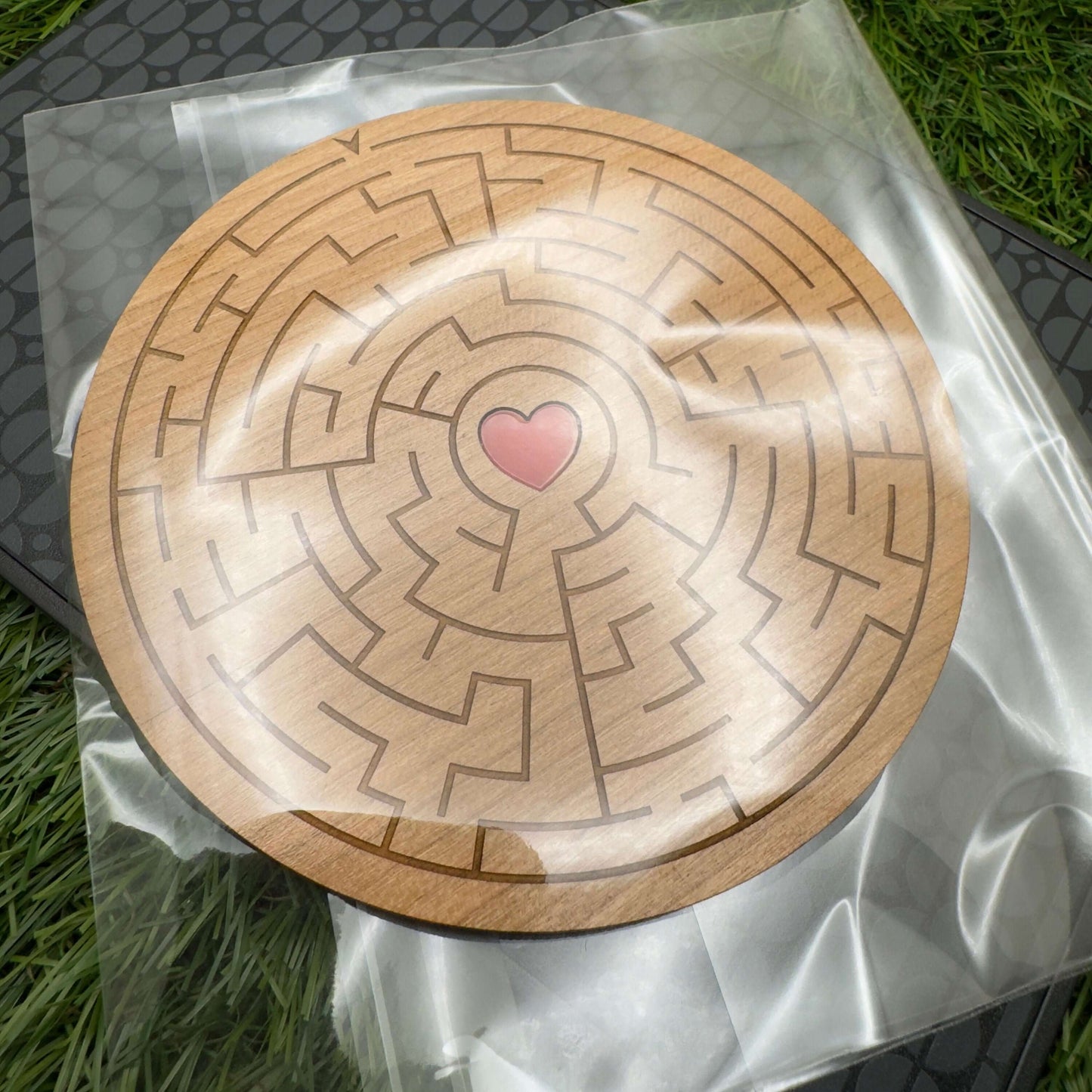 Maze coaster solvable love heart personalised engraved back