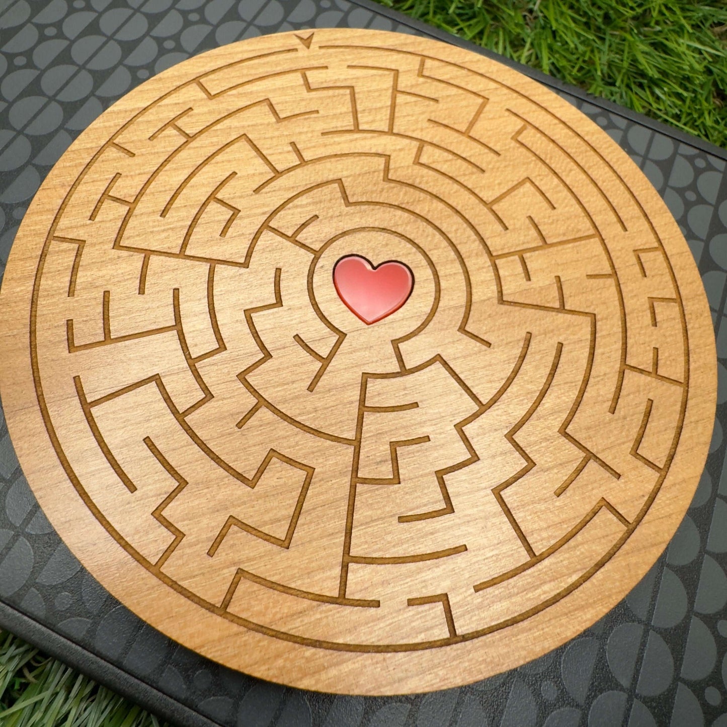 Maze coaster solvable love heart personalised engraved back