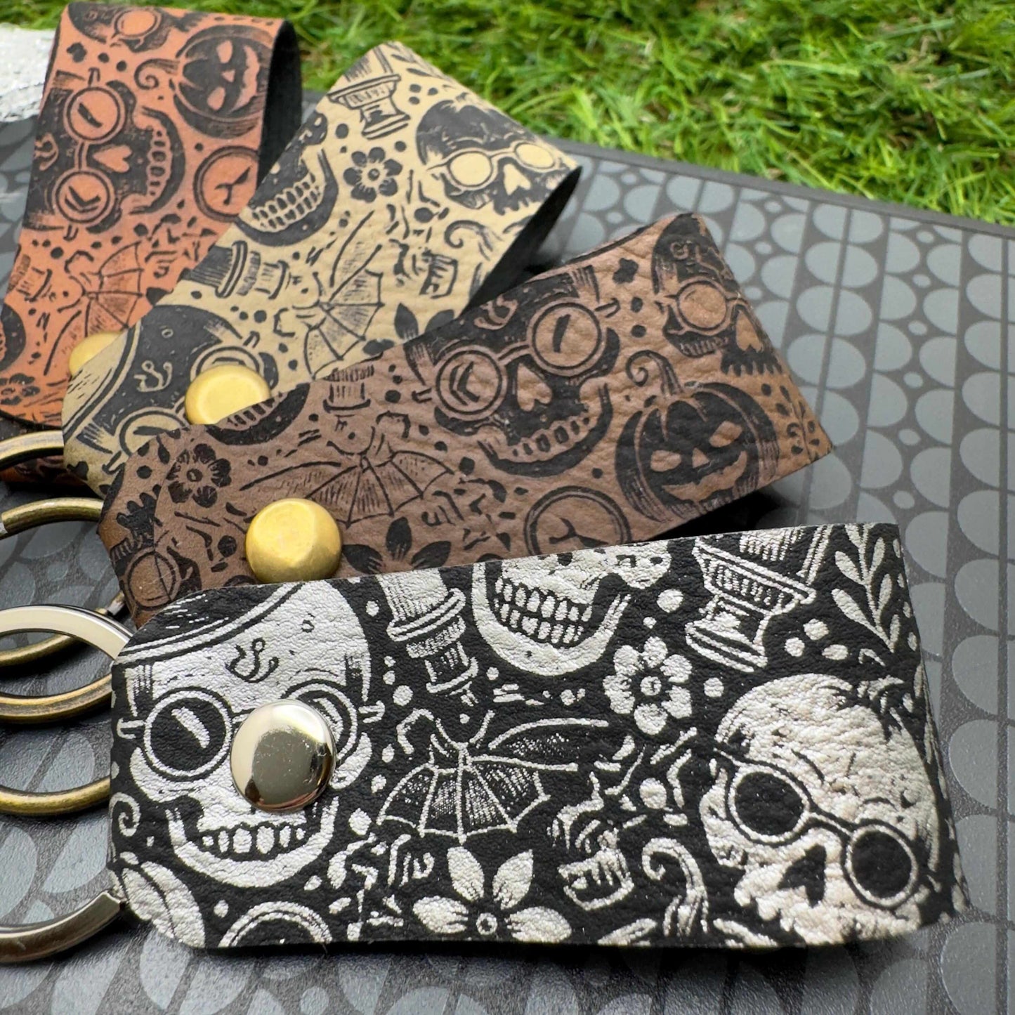 Halloween Keyring Skull Skeleton Design Vegan Leather Engraved Unisex Accessory Gothic Vintage Style gift