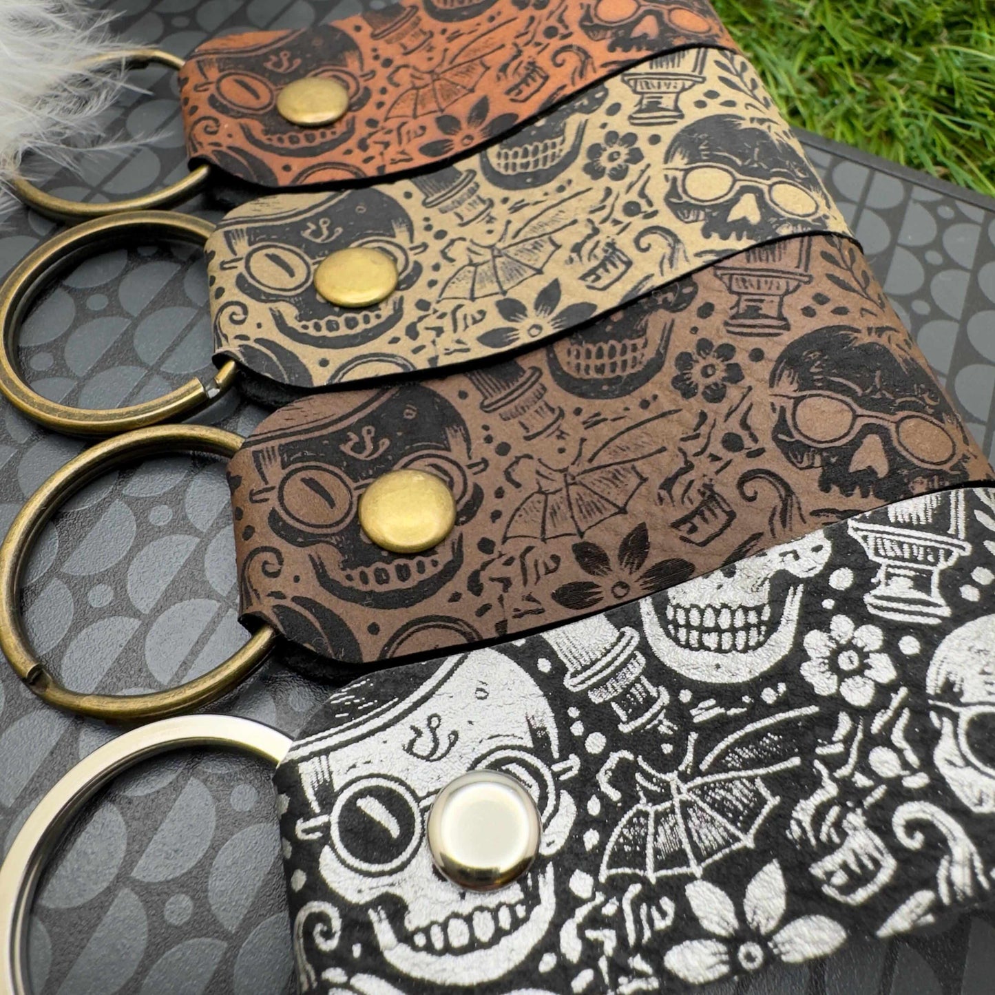 Halloween Keyring Skull Skeleton Design Vegan Leather Engraved Unisex Accessory Gothic Vintage Style gift