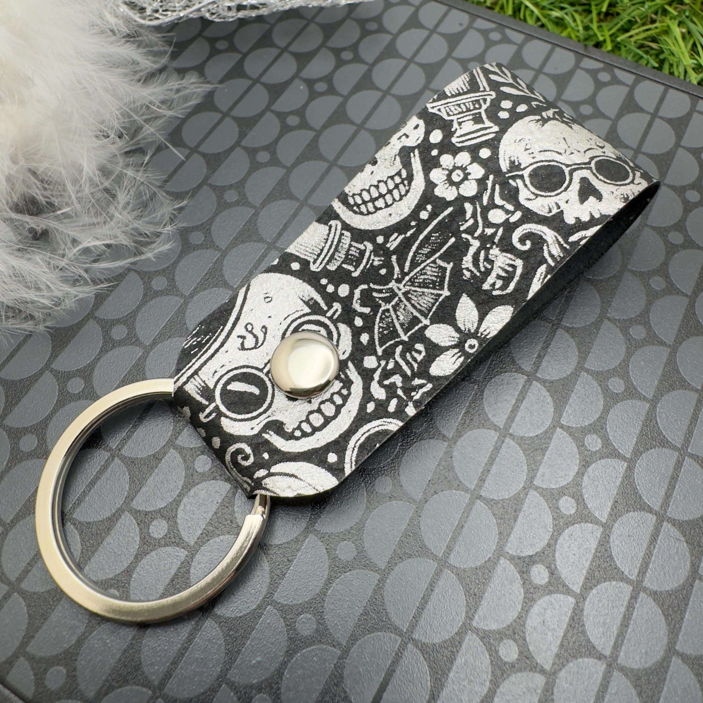 Halloween Keyring Skull Skeleton Design Vegan Leather Engraved Unisex Accessory Gothic Vintage Style gift