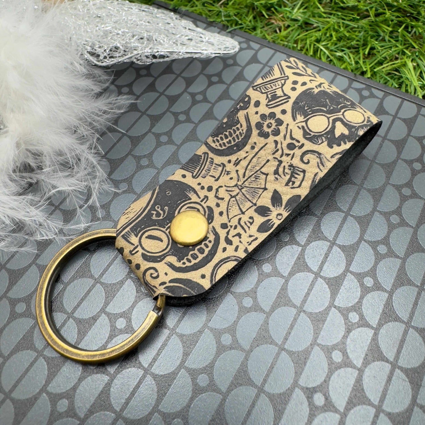 Halloween Keyring Skull Skeleton Design Vegan Leather Engraved Unisex Accessory Gothic Vintage Style gift