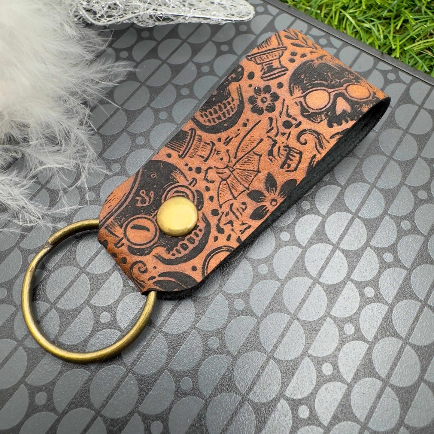 Halloween Keyring Skull Skeleton Design Vegan Leather Engraved Unisex Accessory Gothic Vintage Style gift