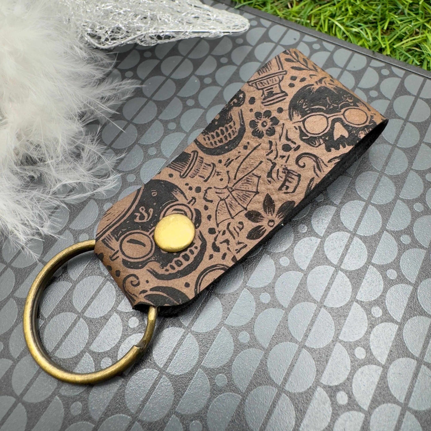 Halloween Keyring Skull Skeleton Design Vegan Leather Engraved Unisex Accessory Gothic Vintage Style gift