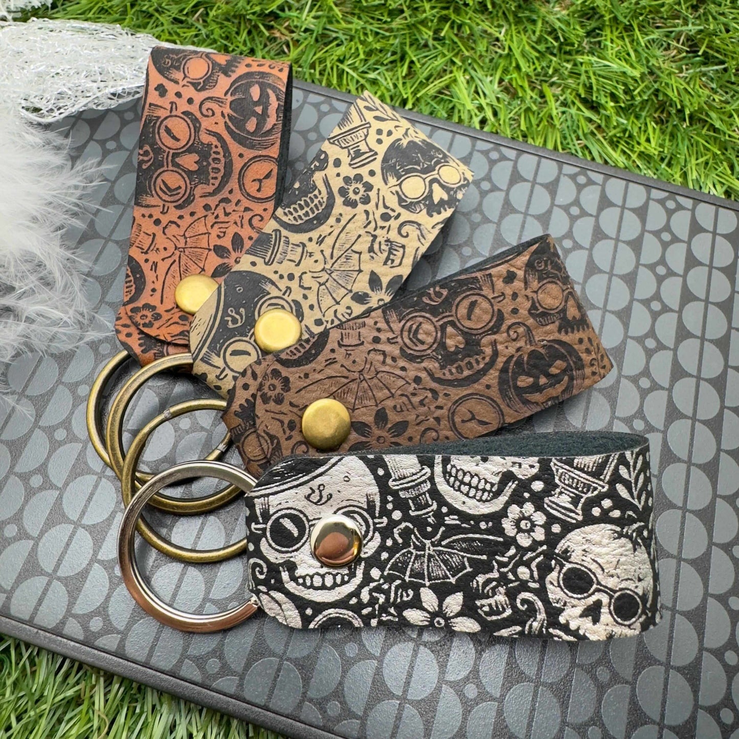Halloween Keyring Skull Skeleton Design Vegan Leather Engraved Unisex Accessory Gothic Vintage Style gift