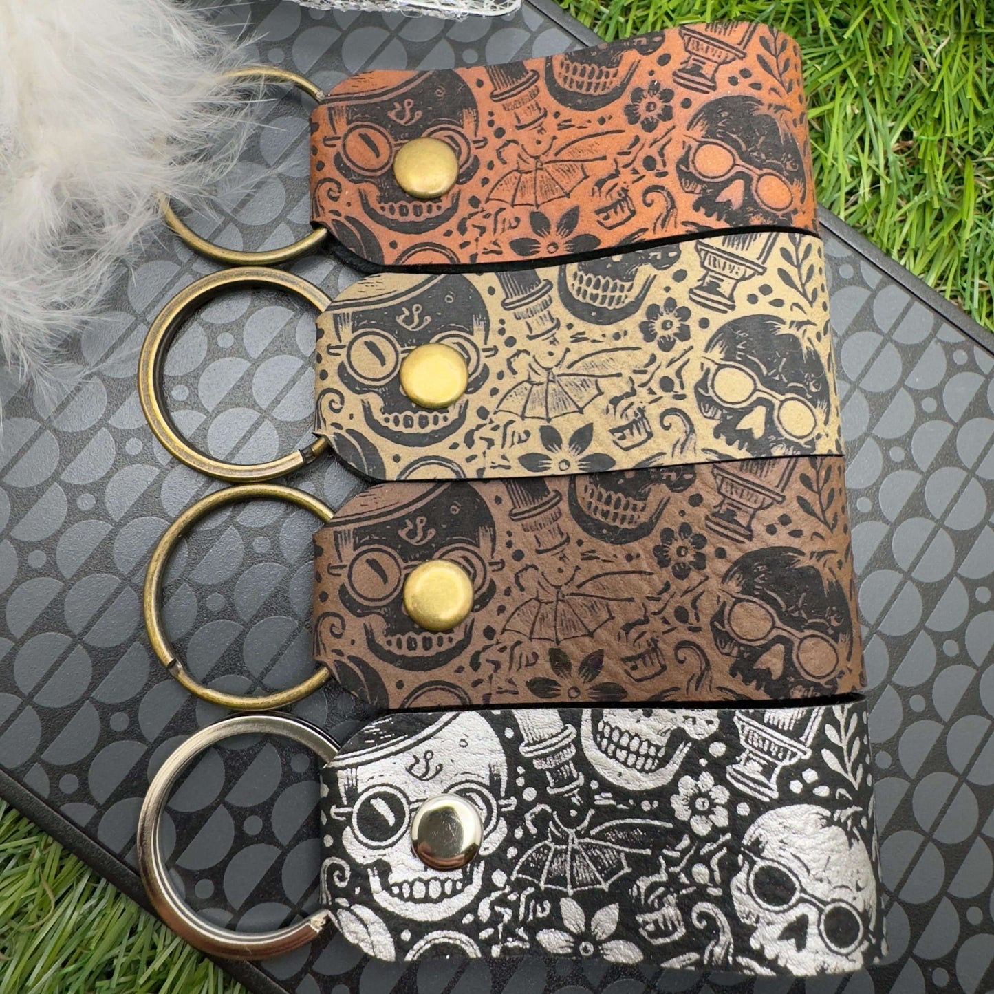 Halloween Keyring Skull Skeleton Design Vegan Leather Engraved Unisex Accessory Gothic Vintage Style gift