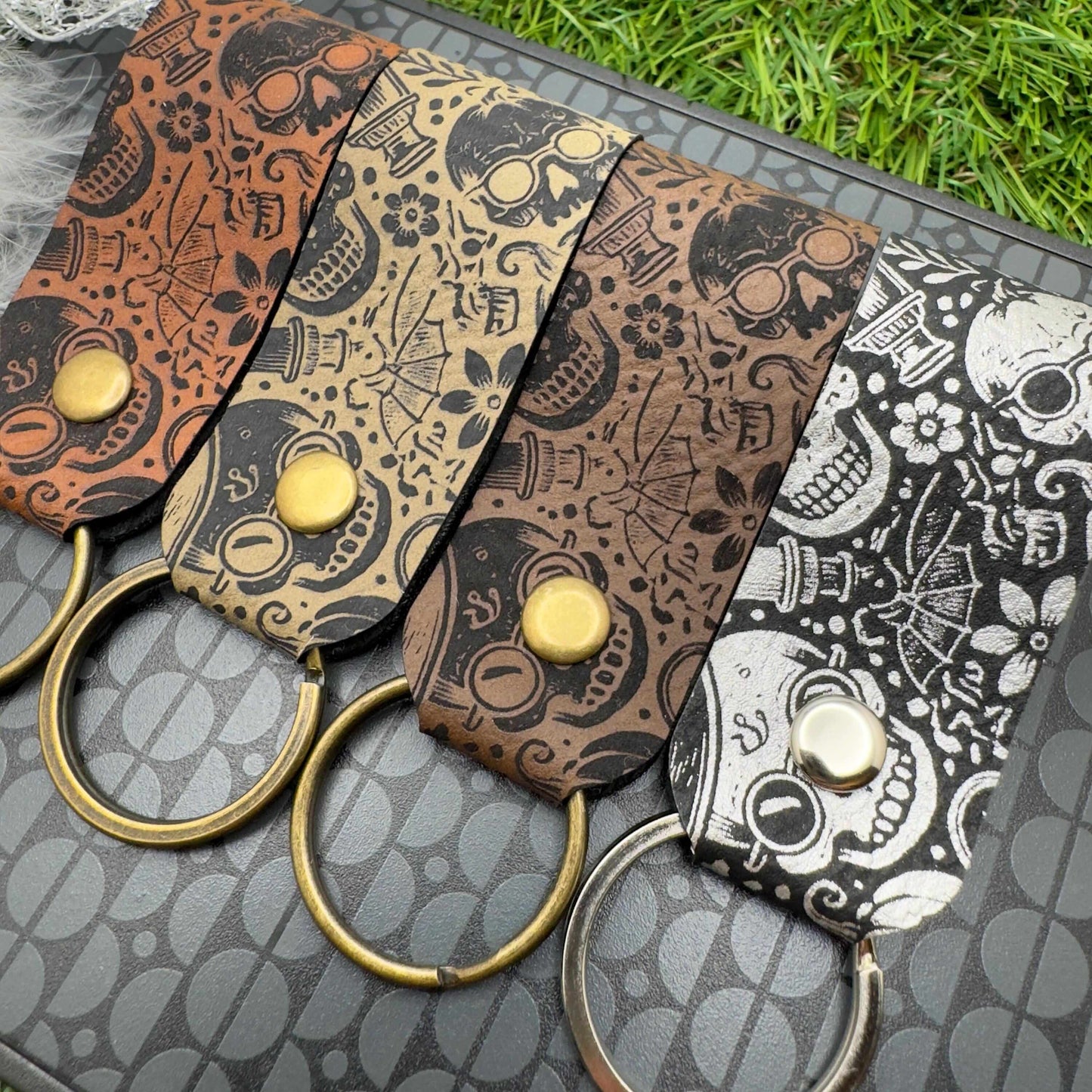 Halloween Keyring Skull Skeleton Design Vegan Leather Engraved Unisex Accessory Gothic Vintage Style gift