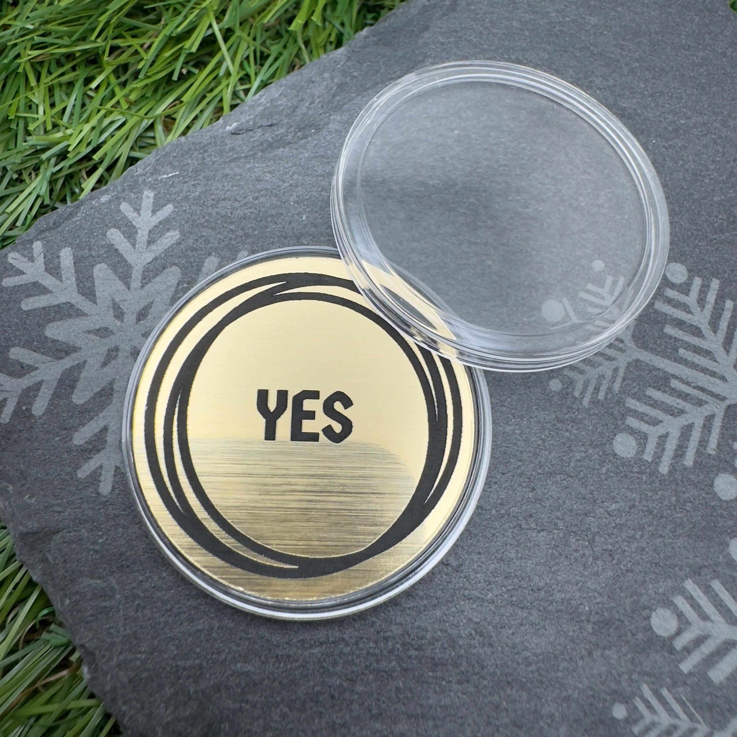 flip decision coin yes or no custom engraved