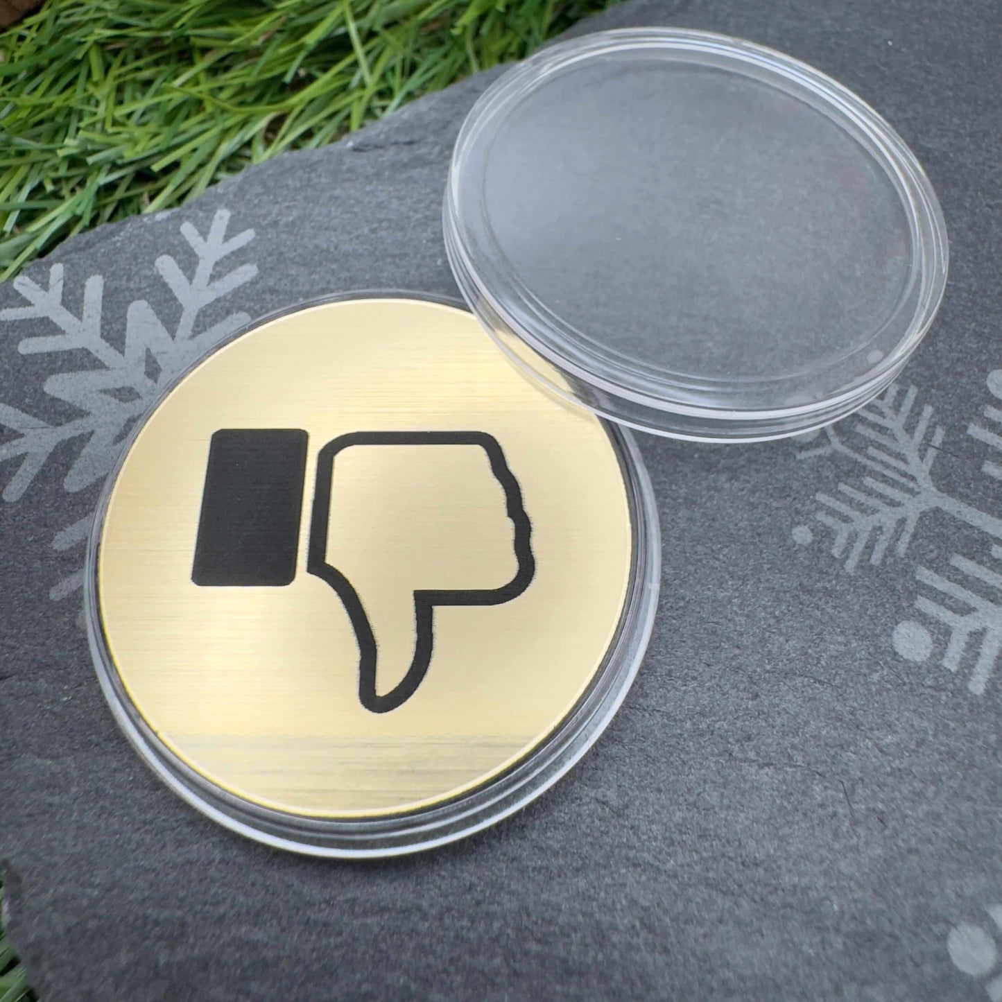 flip decision coin thumb up or thumb down custom engraved