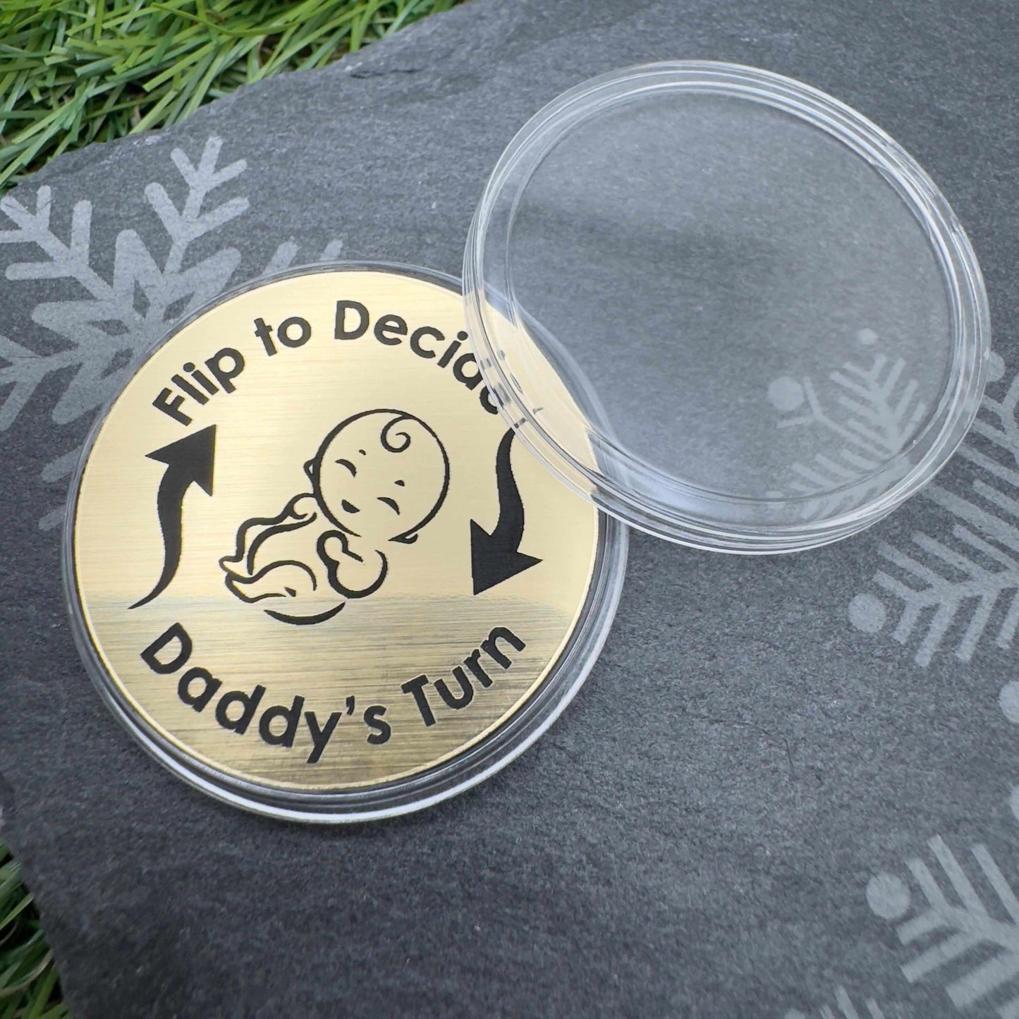 parents flip decision coin mummys turn or daddys turn custom engraved