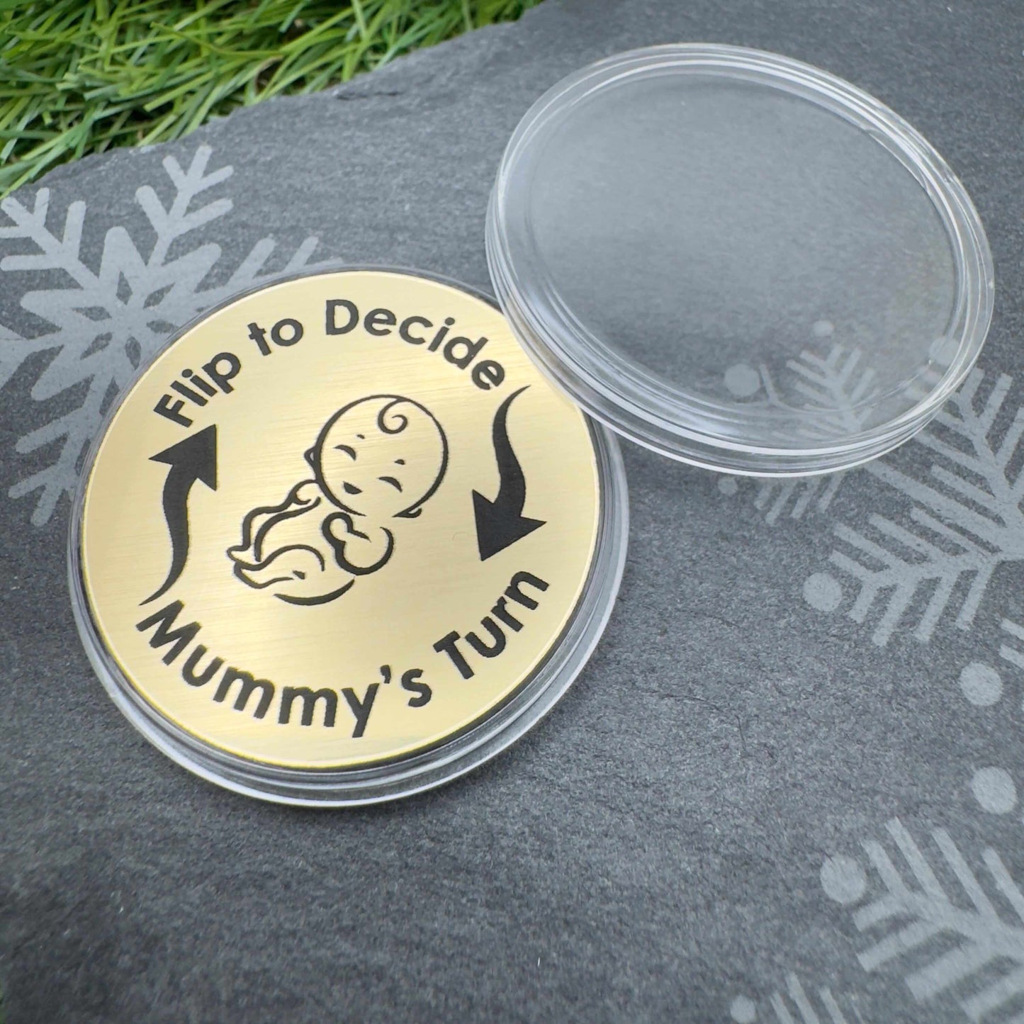 parents flip decision coin mummys turn or daddys turn custom engraved