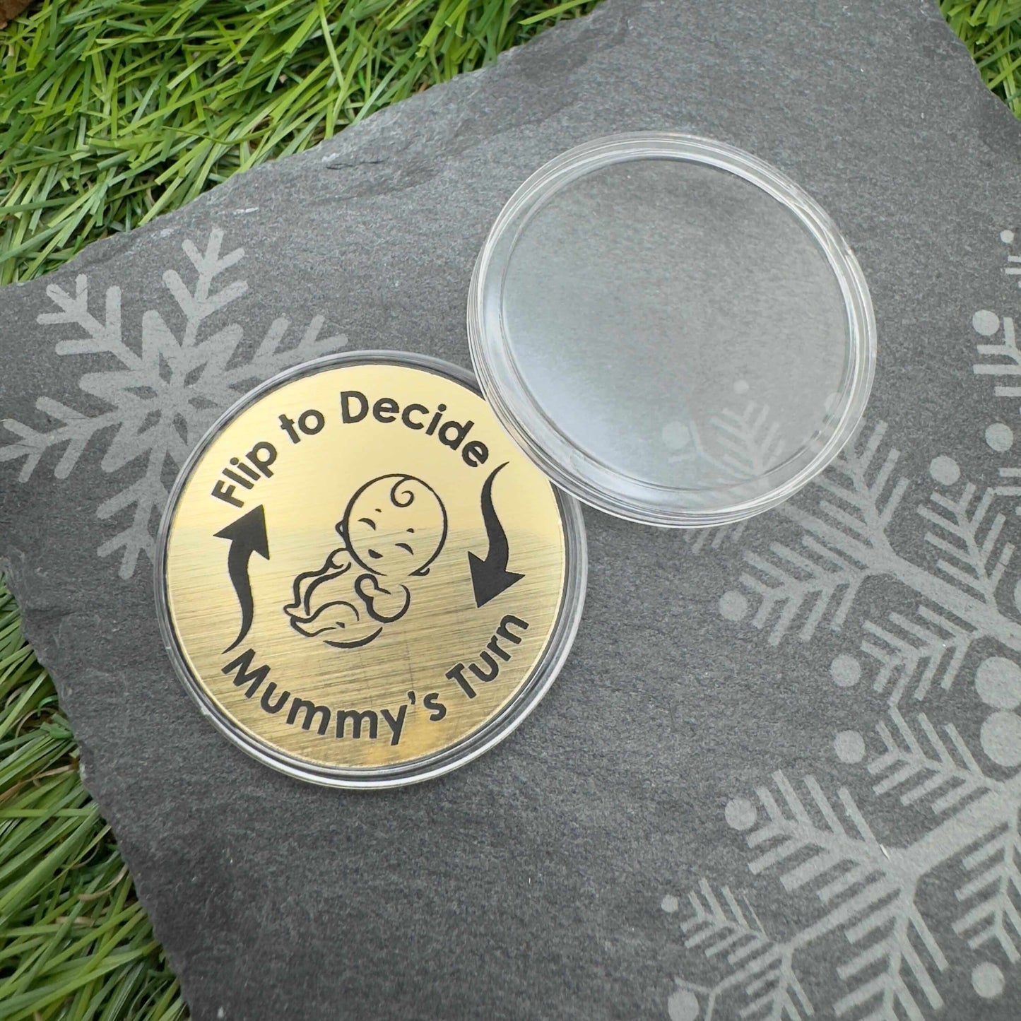 parents flip decision coin mummys turn or daddys turn custom engraved