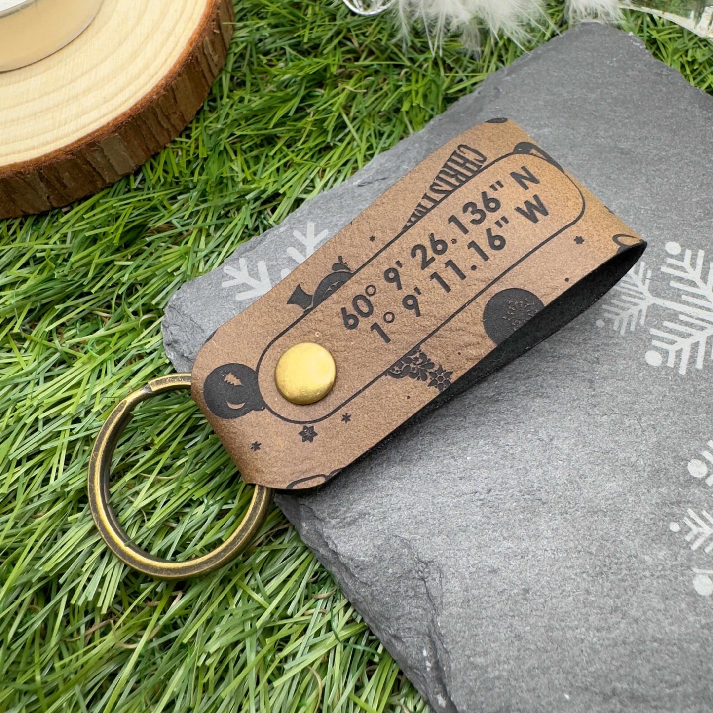 GPS Coordinates Keyring Christmas Keychain Custom Location Keepsake Personalised Vegan Leather GPS Location Keyring Anniversary Keepsake
