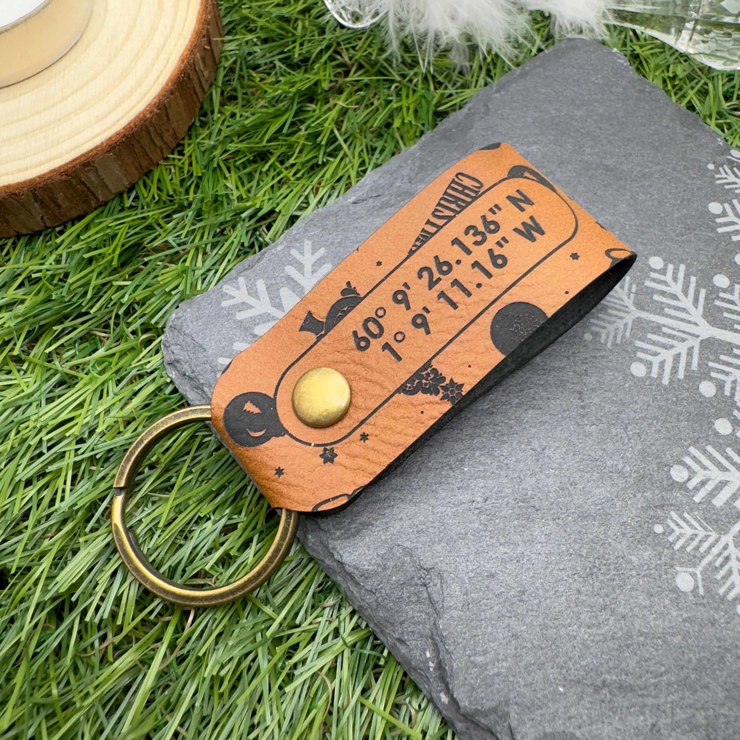 GPS Coordinates Keyring Christmas Keychain Custom Location Keepsake Personalised Vegan Leather GPS Location Keyring Anniversary Keepsake