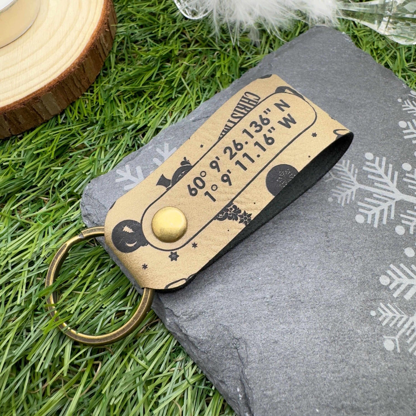 GPS Coordinates Keyring Christmas Keychain Custom Location Keepsake Personalised Vegan Leather GPS Location Keyring Anniversary Keepsake