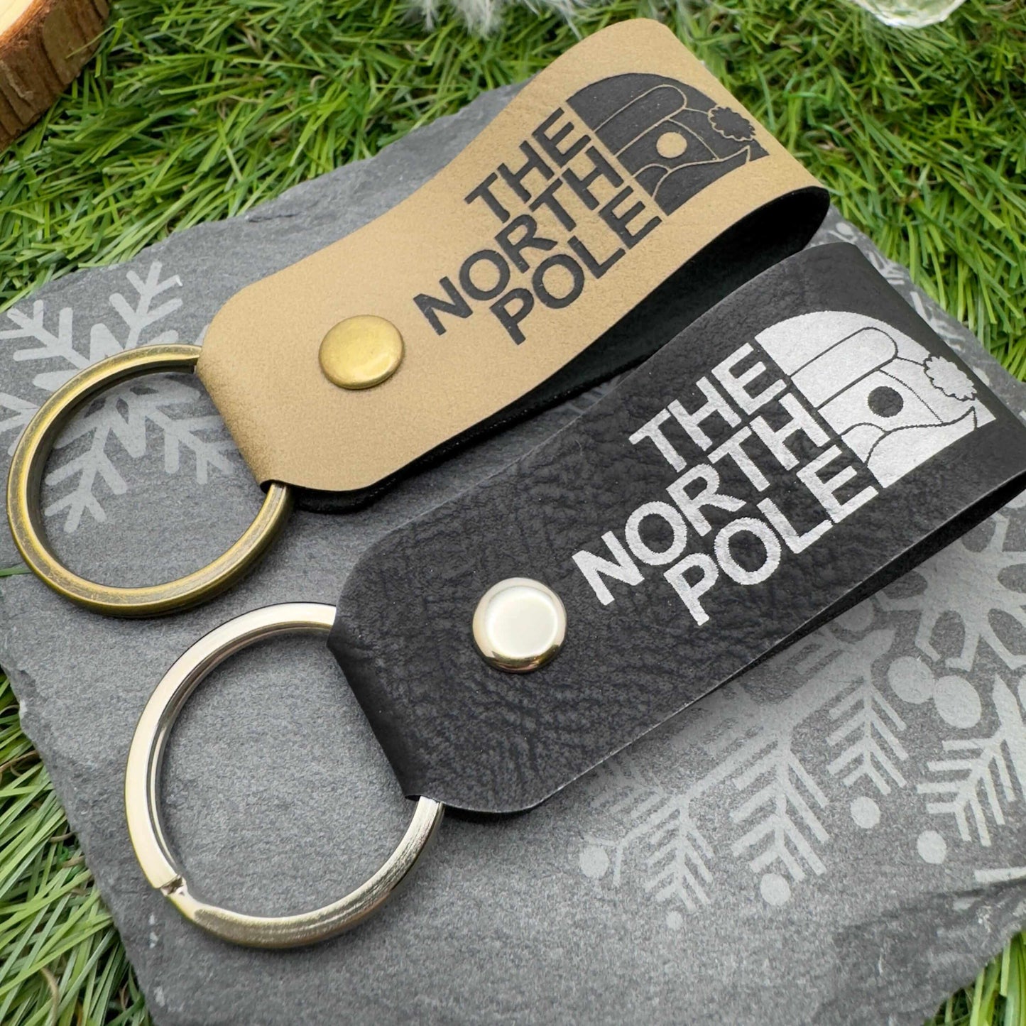 The North Pole Christmas Keyring Vegan Leather Xmas Gift for Him & Her Stocking filler Secret Santa gift Personalised leather Keychain