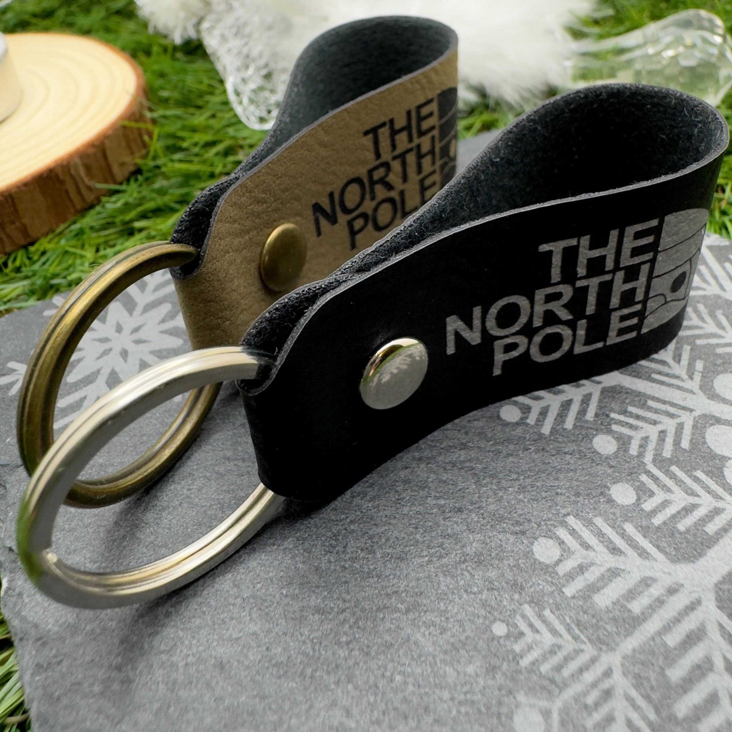 The North Pole Christmas Keyring Vegan Leather Xmas Gift for Him & Her Stocking filler Secret Santa gift Personalised leather Keychain