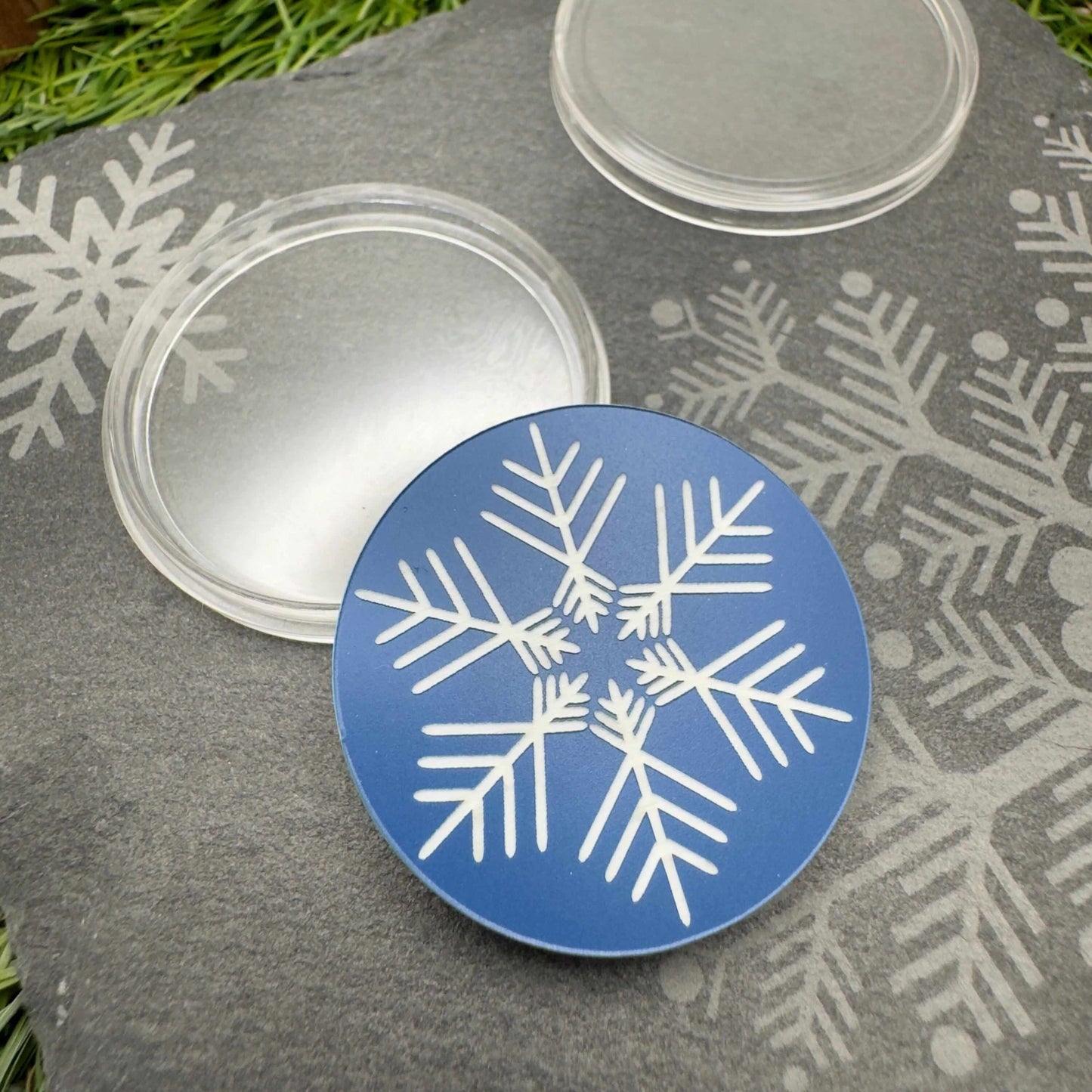 Snowflake flip coin token engraved back