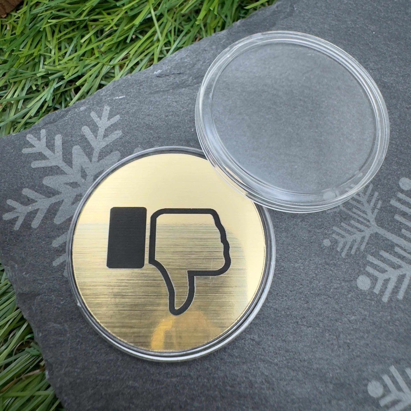 flip decision coin thumb up or thumb down custom engraved