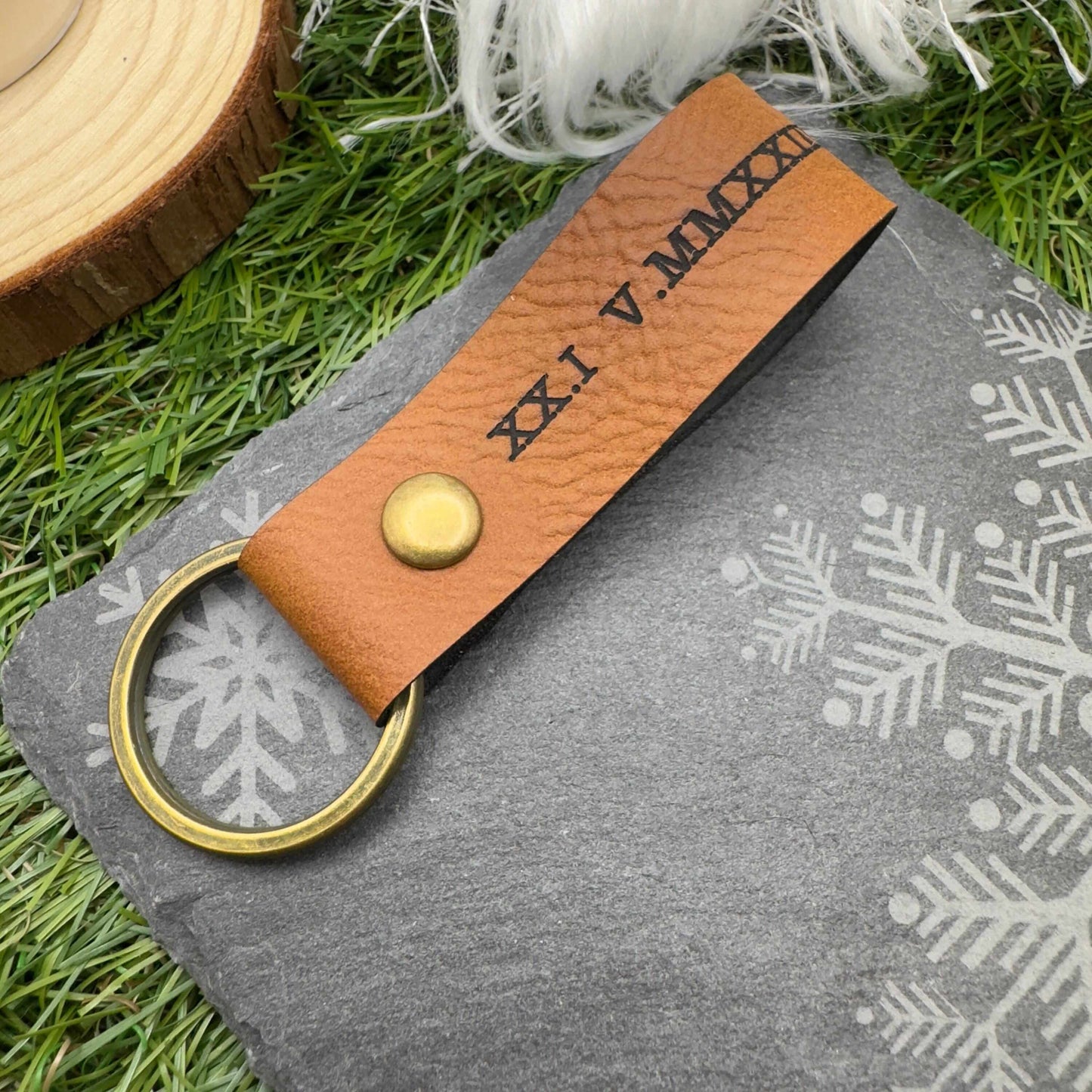 Personalised Roman Numeral Vegan Leather Keyring Customisable Engraved Keychain Gift for Him or Her Unique Anniversary Keepsake
