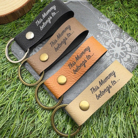 This mummy daddy belongs to Personalised Vegan Leather Keyring with Custom Engraving Ideal Gift for Mums Dads & Loved Ones