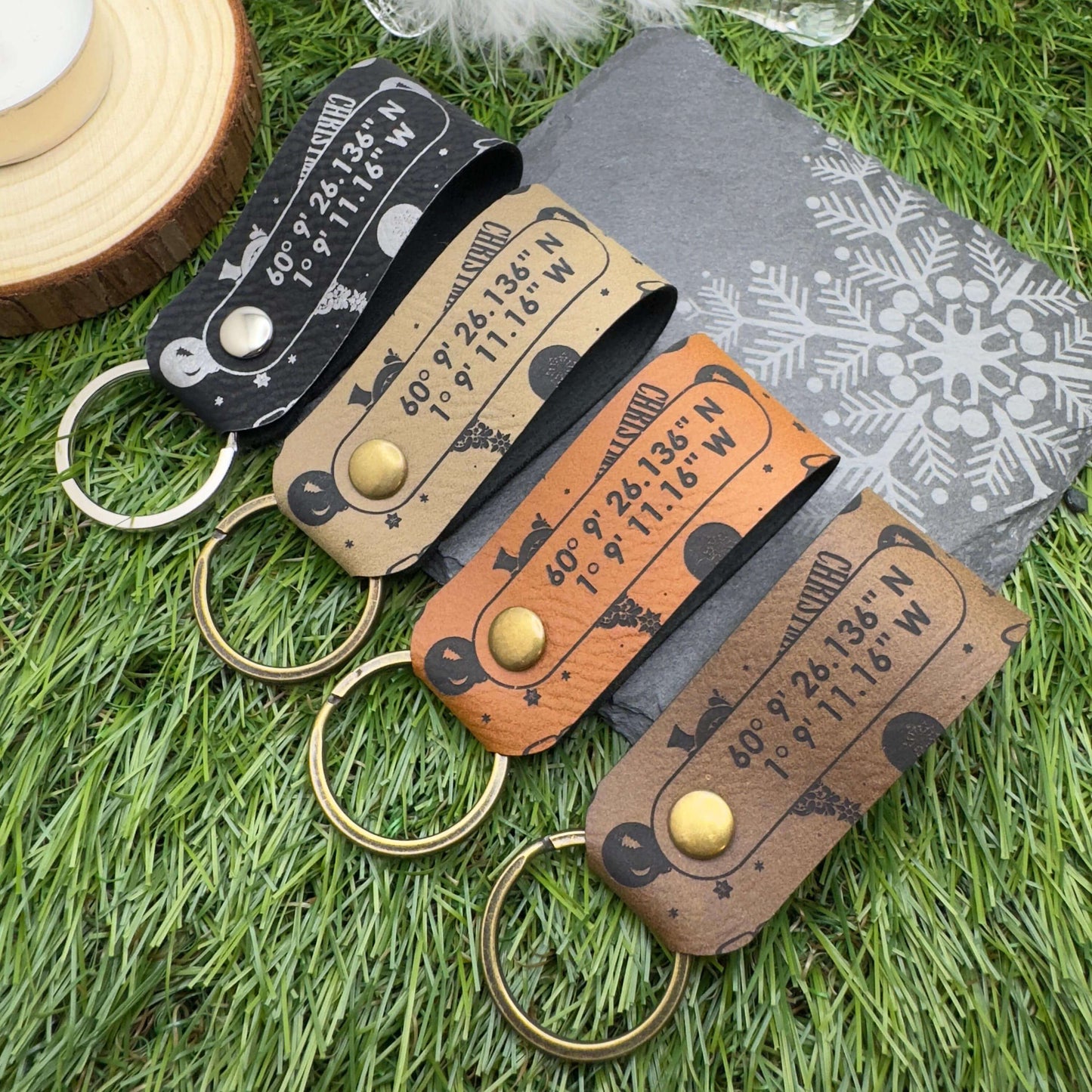 GPS Coordinates Keyring Christmas Keychain Custom Location Keepsake Personalised Vegan Leather GPS Location Keyring Anniversary Keepsake