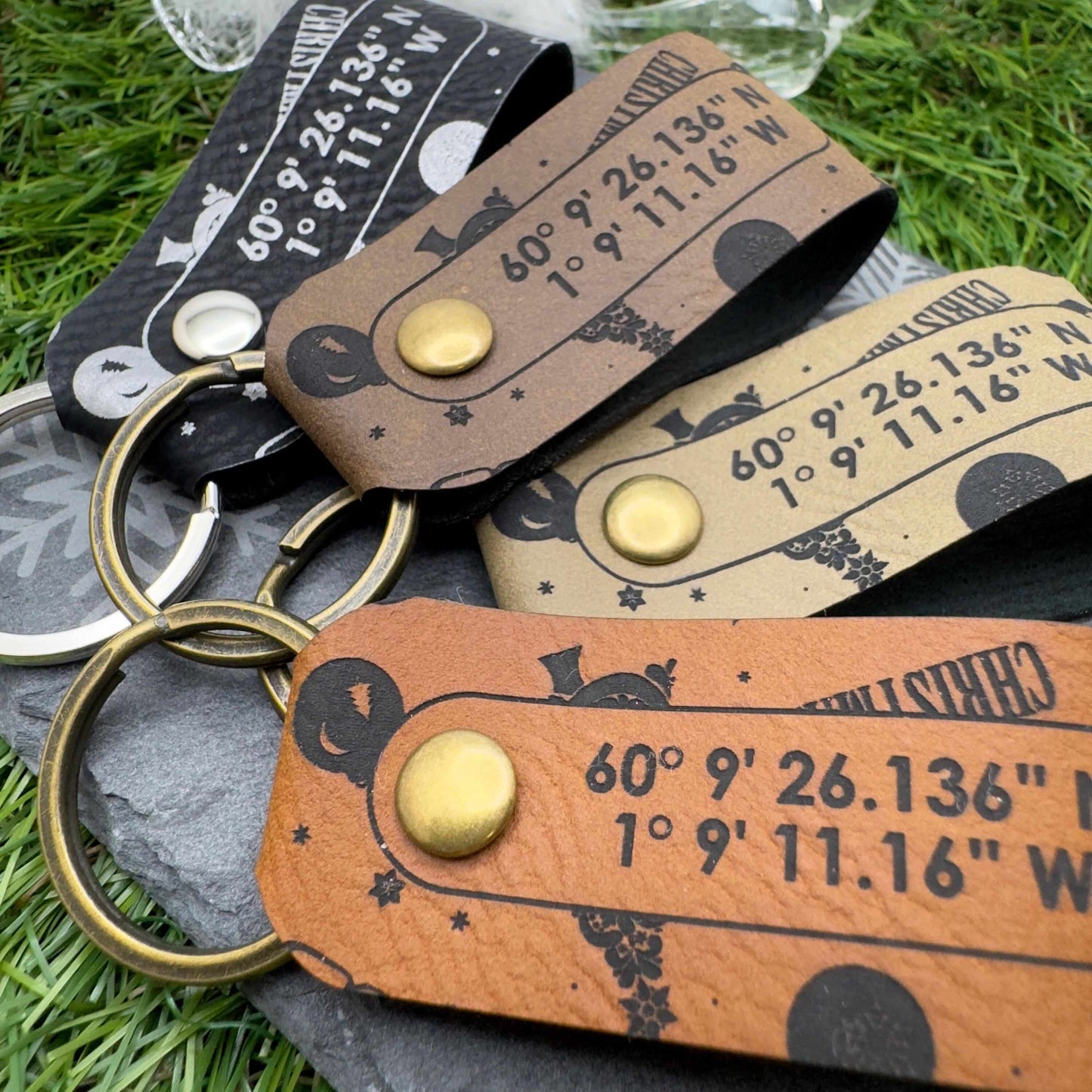 GPS Coordinates Keyring Christmas Keychain Custom Location Keepsake Personalised Vegan Leather GPS Location Keyring Anniversary Keepsake