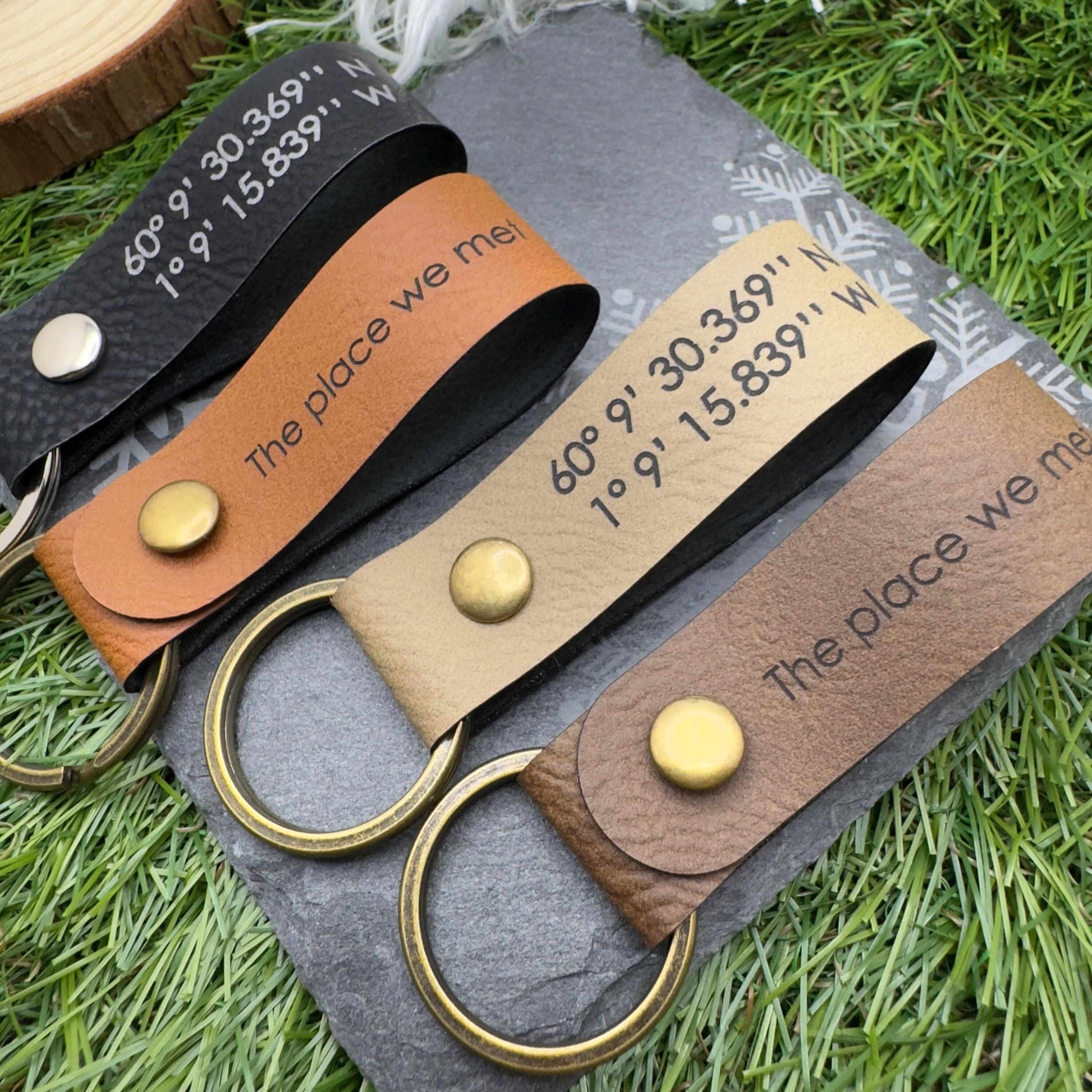 Personalised GPS Coordinates Vegan Leather Keyring with Custom Engraving Unique Gift for Him or Her Location coordinates keychain