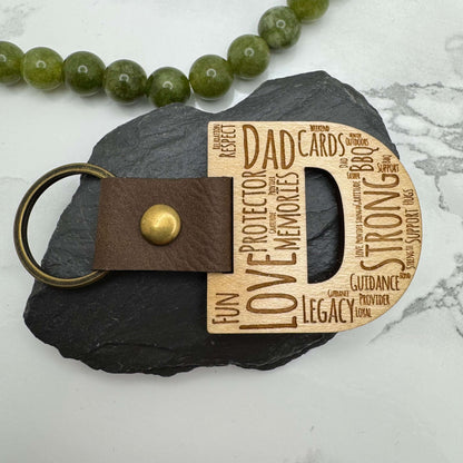 Personalised Wooden DAD Keyring – Engraved Word Art Gift for Father’s Day