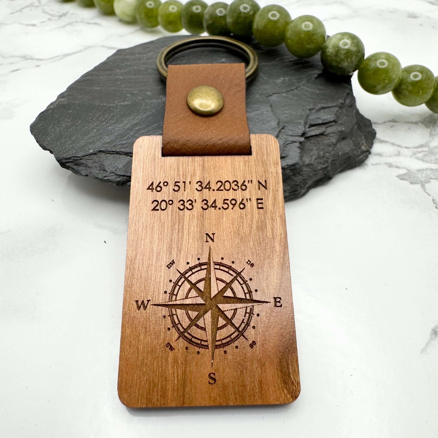 Personalised Coordinates Keyring with Compass | Custom Wooden Gift for Him or Her