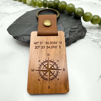 Personalised Coordinates Keyring with Compass | Custom Wooden Gift for Him or Her