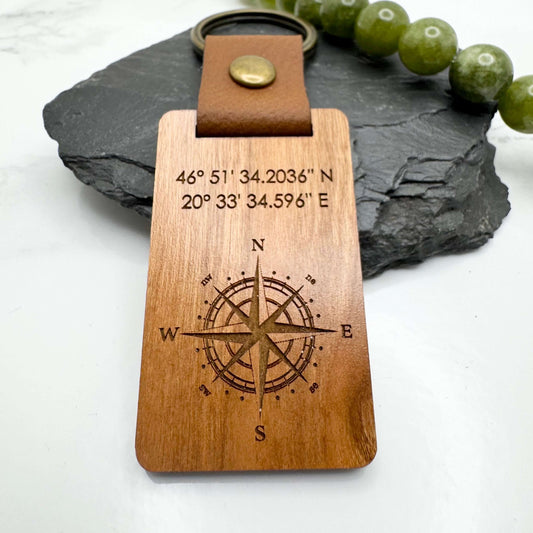 Personalised Coordinates Keyring with Compass | Custom Wooden Gift for Him or Her