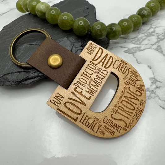 Personalised Wooden DAD Keyring – Engraved Word Art Gift for Father’s Day