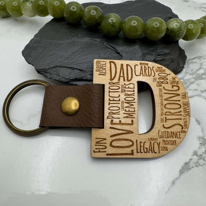 Personalised Wooden DAD Keyring – Engraved Word Art Gift for Father’s Day