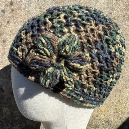 Hand Crocheted Flower Beanie Hat in Earth Tones – Acrylic Yarn – The Beanie Club – 55cm Head Size – Lightweight Slouchy Style
