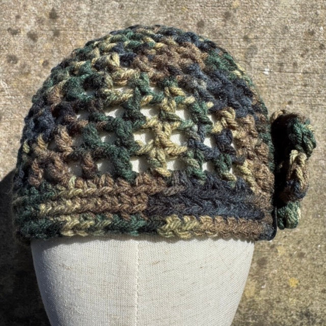 Hand Crocheted Flower Beanie Hat in Earth Tones – Acrylic Yarn – The Beanie Club – 55cm Head Size – Lightweight Slouchy Style